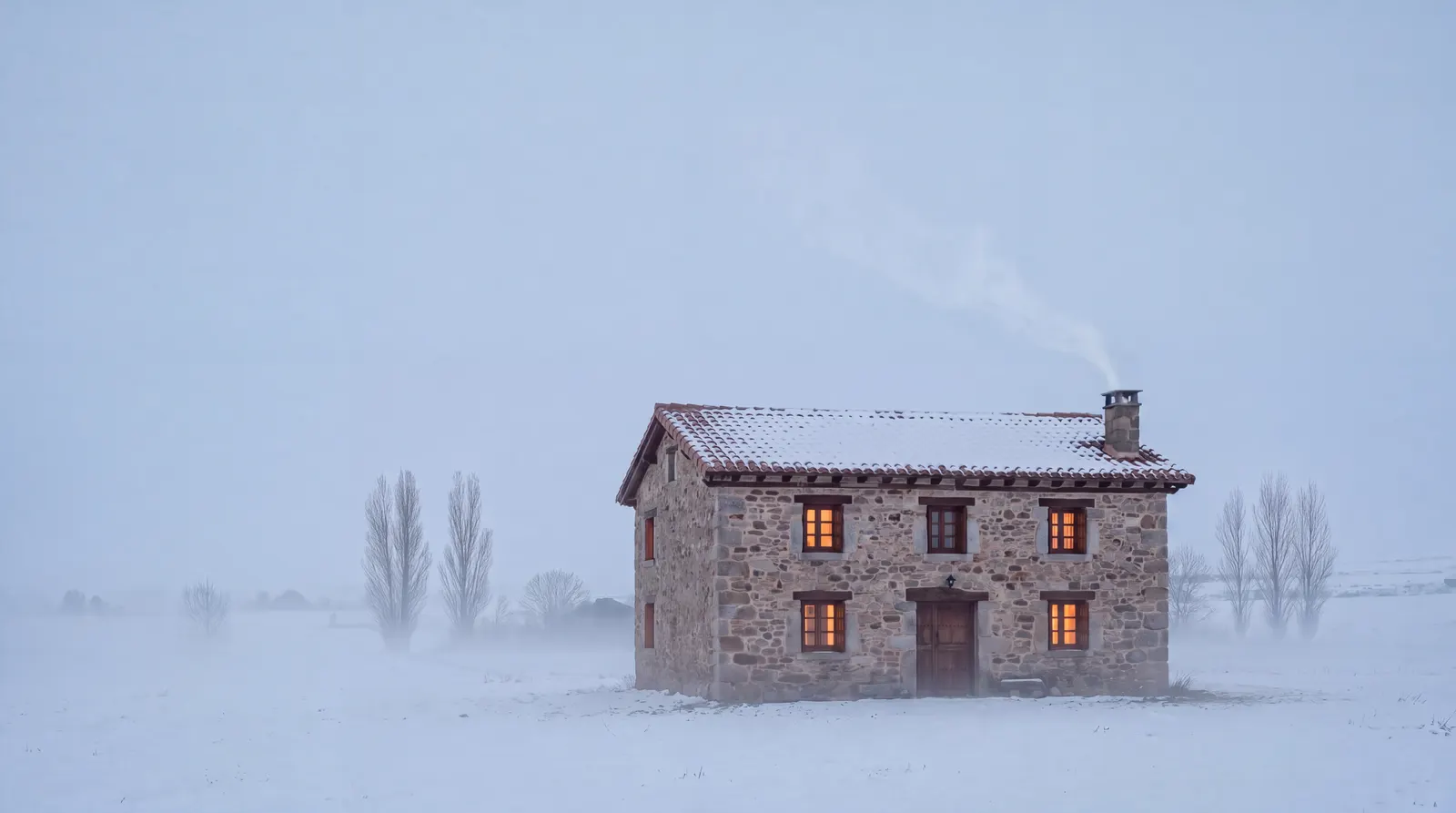 Una casa de piedra con las ventanas encendidas, sola en la nieve y la bruma, con humo en la chimenea