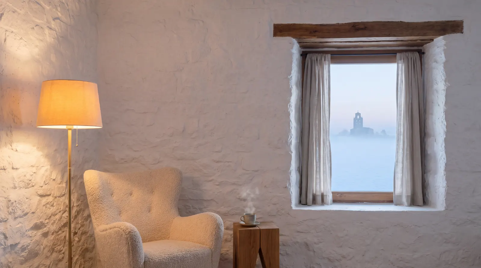 El mismo sillón y la misma lámpara, ya dentro de casa, junto a una ventana por la que se ve el pueblo entre la bruma
